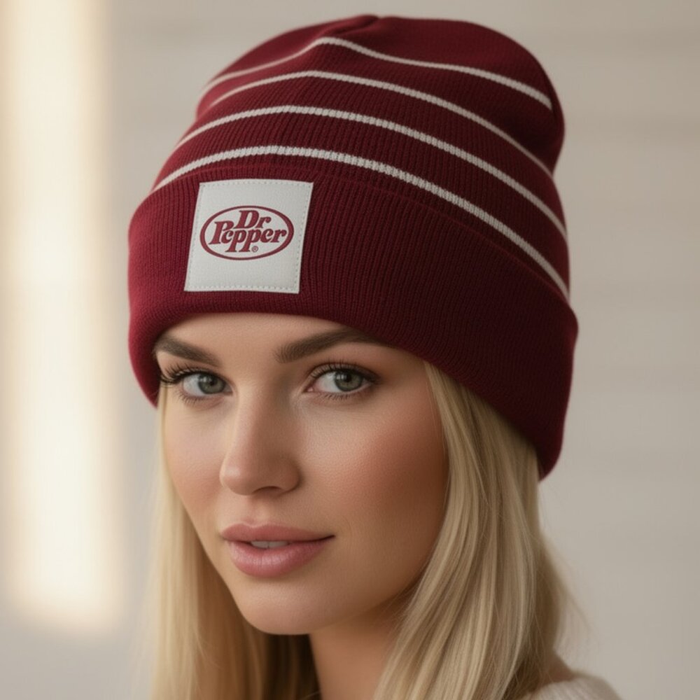 Dr Pepper Logo Beanie‎ RN115665 OS Burgundy Knit Hat Cuffed Embroidered Soda Pop